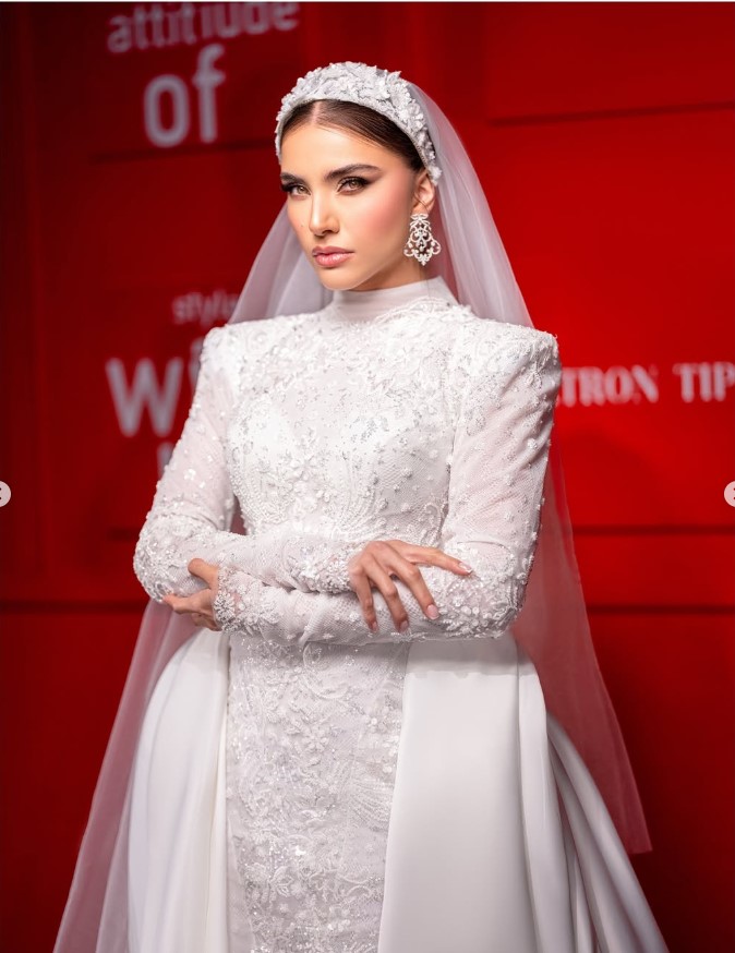 Red background bridal editorial dress